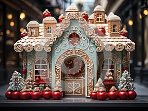 Gingerbread house with colorfull decorations, anniversary smash cake backdrop