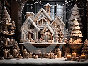 Gingerbread house with colorfull decorations, anniversary smash cake backdrop