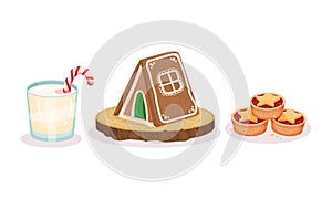 Gingerbread House and Cookie as Traditional Christmas Dessert Vector Set