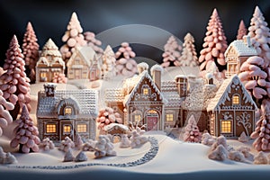 Gingerbread house cookies in a snowy landscape with holiday decor, merry christmas images, AI Generated