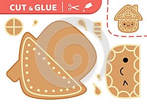 Gingerbread house. Cut and glue. Kawaii gingerbread. Squishmallow. Applique. Paper game. Vector