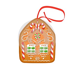 Gingerbread house decorated with candy. Christmas cooky with a ribbon for hanging on the Christmas tree. Vector illustration photo