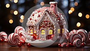 Gingerbread house decorated with candy, icing, and lights generated by AI