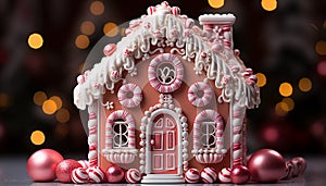 Gingerbread house decorated with candy, icing, and lights generated by AI