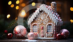 Gingerbread house decorated with candy, icing, and snow generated by AI