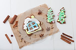 gingerbread house and fir tree. Christmas cookies. cinnamon. traditional dessert. Homemade culinary