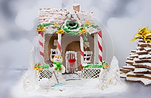 Gingerbread house, gingerbread Christmas tree and a sugar mastic