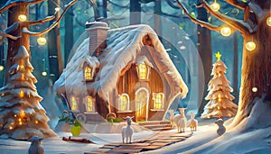 Gingerbread house hidden in a snowy forest. Night view.