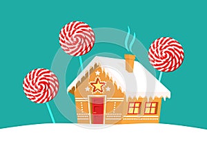 Gingerbread house and lollipop trees around it. Christmas, new year, winter holidays card