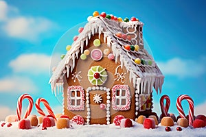 Gingerbread house made of candy and sweets. Christmas food and decoration. Generative Ai