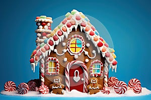 Gingerbread house made of candy and sweets. Christmas food and decoration. Generative Ai