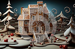 A gingerbread house in the middle of a forest, AI