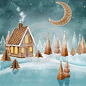 Gingerbread house moon and trees watercolor illustration Fantasy candy world Christmas decorations Snow hills Magic winter forest