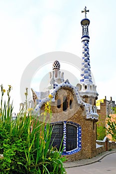 Gingerbread house in Park Guell designed by Gaudi, Barcelona, Spain