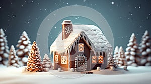 Gingerbread house and pine tree forest on winter night, Christmas concept 3D illustration. Generative AI