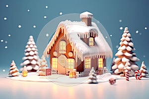 Gingerbread house and pine tree on winter night while snow falling, Christmas concept 3D illustration. Generative AI