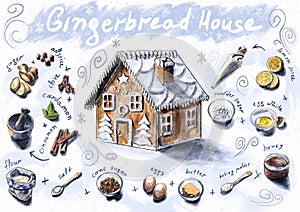 Gingerbread house recipe for Christmas and New Year. Sketch with drawn ingredients for making baking. Ginger, cinnamon