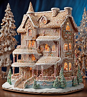 A gingerbread house richly decorated with icing patterns and caramel figures.
