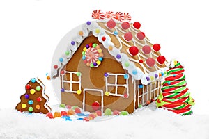 Gingerbread house in snow