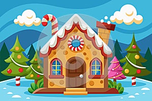 A gingerbread house stands surrounded by Christmas trees in a festive holiday scene, Gingerbread house Customizable Cartoon