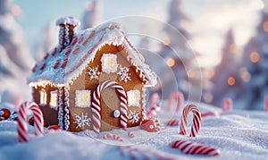 Gingerbread house surrounded by candy canes and snow, holiday setting, 3D illustration photo