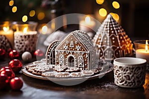 Gingerbread house on table. Defocused lights of Christmas garland. Evening in the living room. Holiday mood.