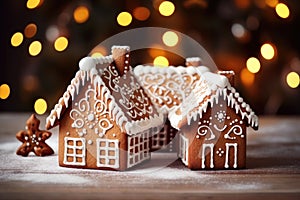 Gingerbread house on table. Defocused lights of Christmas garland. Evening in the living room. Holiday mood.