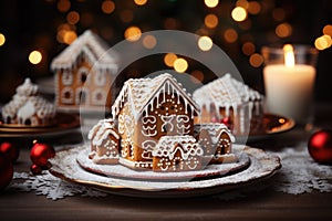 Gingerbread house on table. Defocused lights of Christmas garland. Evening in the living room. Holiday mood.