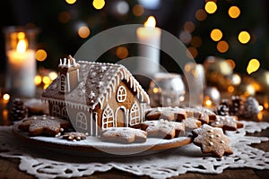 Gingerbread house on table. Defocused lights of Christmas garland. Evening in the living room. Holiday mood.