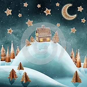 Gingerbread house trees moon and stars watercolor illustration Fantasy sweetsworld snow landscape Moonlight magic candy world