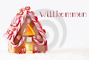 Gingerbread House, White Background, Willkommen Means Welcome