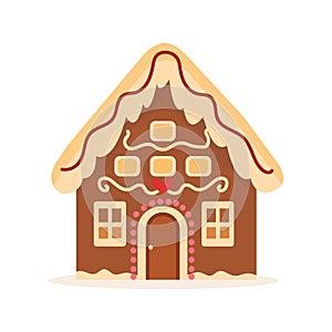 Gingerbread House Winter Cookie with decorative sweet icing candy vector flat illustration design