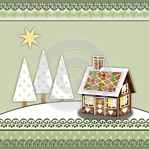 Gingerbread house in a winterlandscape christmas greeting card in vintage scrapbooking style
