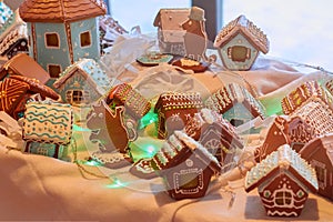 Gingerbread houses and animal figures from dough, pastries and cookies