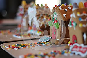 Gingerbread Houses candy decorated in a row multiple houses