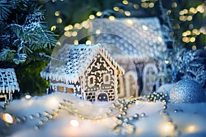 Gingerbread houses and Christmas decorations.