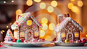 Gingerbread houses on christmas table with lights, AI