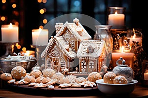 Gingerbread houses with icing standing on a wooden board against the background of Christmas lights and candle