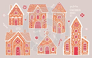 Gingerbread houses set. Cute hand drawn honey-cakes with patterns. Colorful vector illustrations collection.