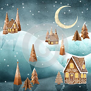 Gingerbread houses and trees snow landscape Winter candy world watercolor illustration Sweets world fantasy decorations