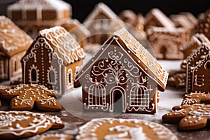 Gingerbread houses with white icing on them. Created with Generative AI