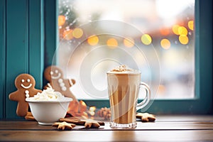 gingerbread latte on a caf table with a frosted window backdrop photo