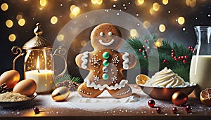 A gingerbread man bakes a cake with ingredients,