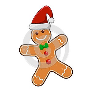 Gingerbread man cartoon illustration isolated on white background. Christmas ginger cookie figure. Cute smiling biscuit with red