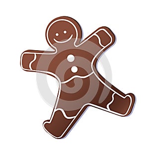 Gingerbread man or chocolate gingerbread cookie isolated on white background for design, vector stock illustration with