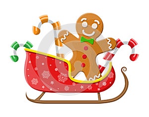 Gingerbread man cookie candycane in santa sleigh