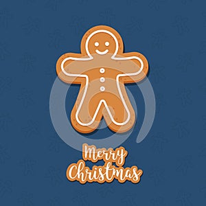 Gingerbread man cookie christmas greetings blue background