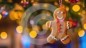 Gingerbread Man Cookie in Christmas Tree with Bokeh Lights. Festive Decoration and Closeup Magic for New Year