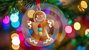 Gingerbread Man Cookie in Christmas Tree with Bokeh Lights. Festive Decoration and Closeup Magic for New Year