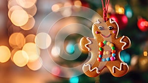 Gingerbread Man Cookie in Christmas Tree with Bokeh Lights. Festive Decoration and Closeup Magic for New Year